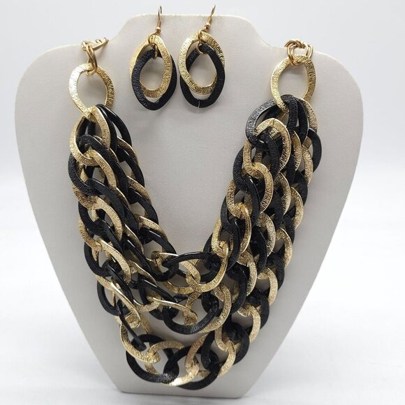 Black Gold Chunky Statement Necklace Matching Oval Drop Earrings Textured - Picture 1 of 9